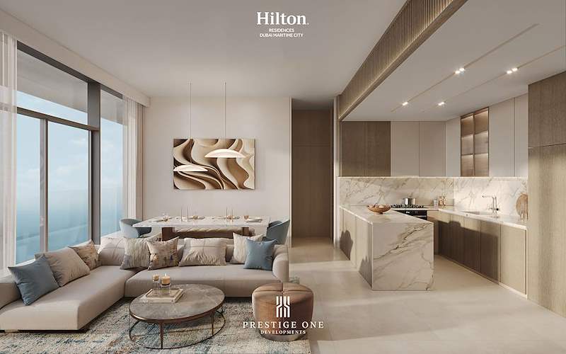 1BED_Living-Dining-Kitchen-Hilton Residences DMC